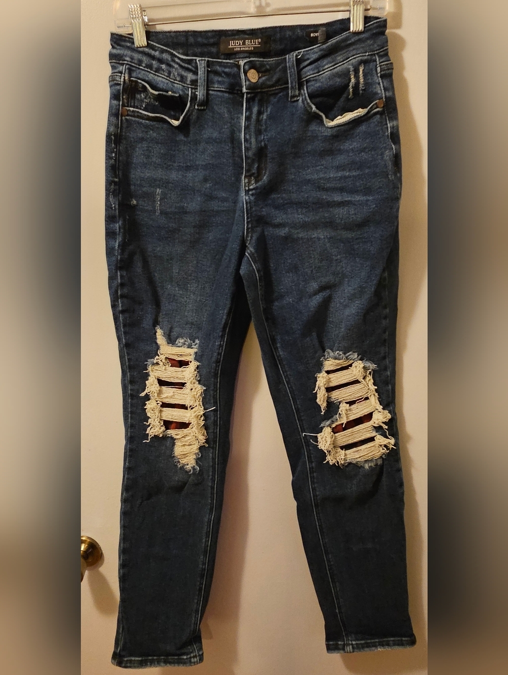 Judy Blue Jeans Boyfriend Fit Distressed Blue Jeans Plaid Knee Women's Sz 7/28